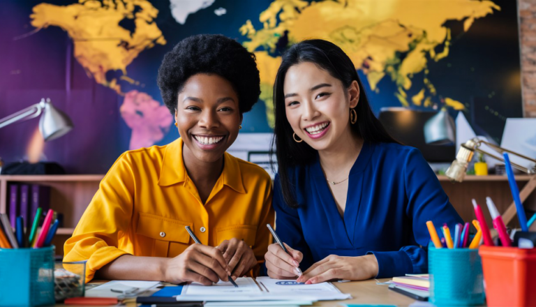 Two people working together at a desk with a world map in the background.