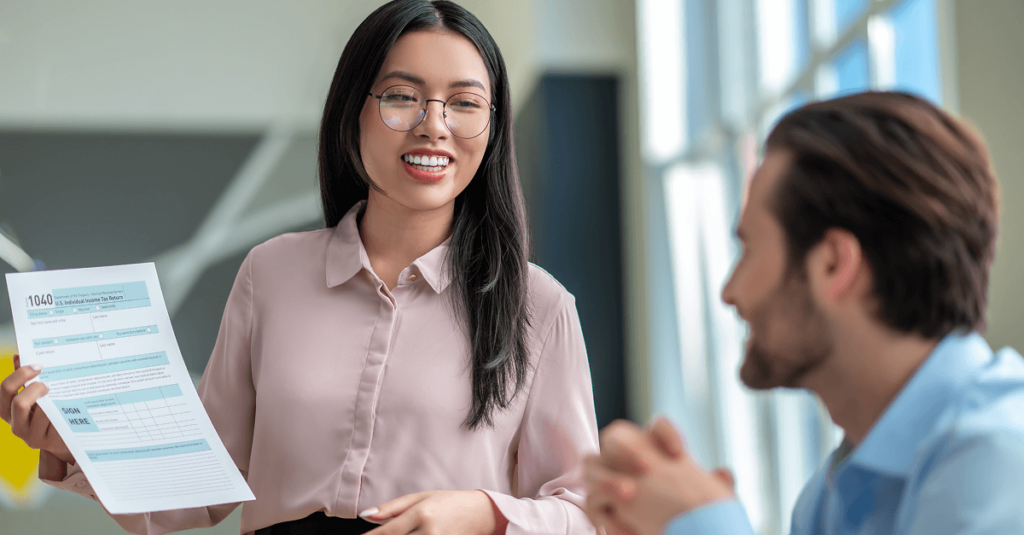 Two people discussing technology advantages to address skills shortages